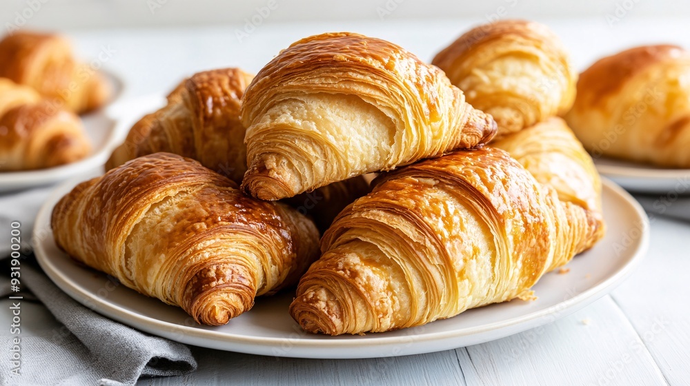 A stack of fluffy, buttery croissants is arranged on a white ceramic plate, with their golden-brown crusts catching the light. The background is a bright, airy space with plenty of room for A stack of fluffy, buttery croissants is arranged on a white ceramic plate, with their golden-brown crusts catching the light. The background is a bright, airy space with plenty of room for