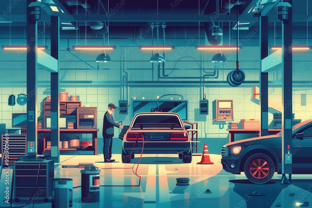 A mechanic inspects an electric vehicle's battery in a well-equipped workshop filled with tools and other vehicles during the evening. Generative AI A mechanic inspects an electric vehicle's battery in a well-equipped workshop filled with tools and other vehicles during the evening. Generative AI