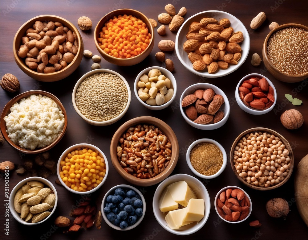 Diverse Meal Options Displayed in Bowls: Highlighting Common Allergens like Peanuts, Dairy, and Gluten Diverse Meal Options Displayed in Bowls: Highlighting Common Allergens like Peanuts, Dairy, and Gluten