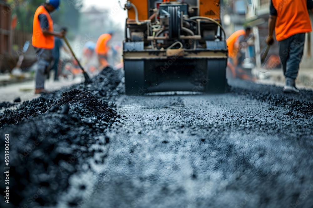 Road Construction in Progress: Workers Laying Asphalt Road Construction in Progress: Workers Laying Asphalt