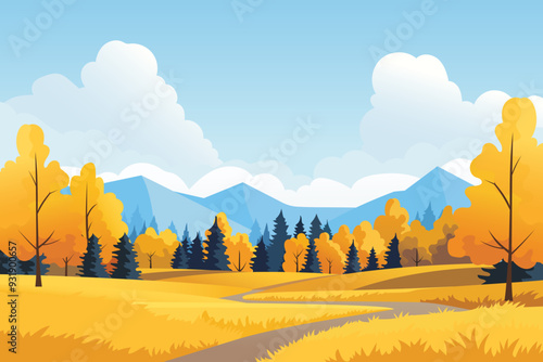 Landscape of beautiful autumn forest and mountains. Beautiful autumn trees, yellow grass, mixed forest, mountains and clouds on a clear blue sky. Autumn vector illustration.