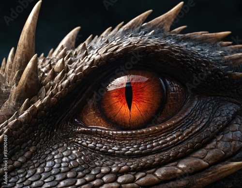 Dragon eye. Red Eye of Evil Fantasy Brown Dragon. Mythological creatures. Animal eye. Fantastic monster. Ancient reptile. Dark tones. Closeup. 3D illustration. Ai generated image.