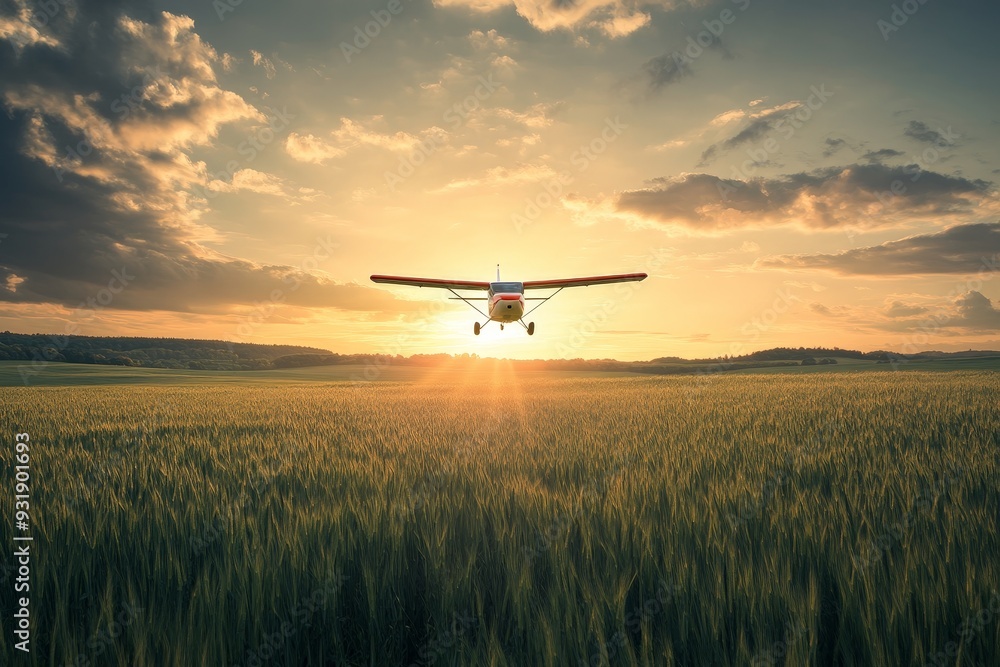 A small plane is flying over an expansive green farm field at sunrise A small plane is flying over an expansive green farm field at sunrise