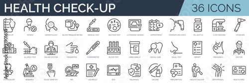 Set of 36 outline icons related to health checkup. Linear icon collection. Editable stroke. Vector illustration