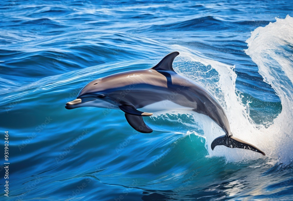 Obraz premium vibrant dolphin leaping through lively ocean waves bright sunny scene, sea, blue, water, jump, sky, marine, animal, nature, coastal, fresh, colorful