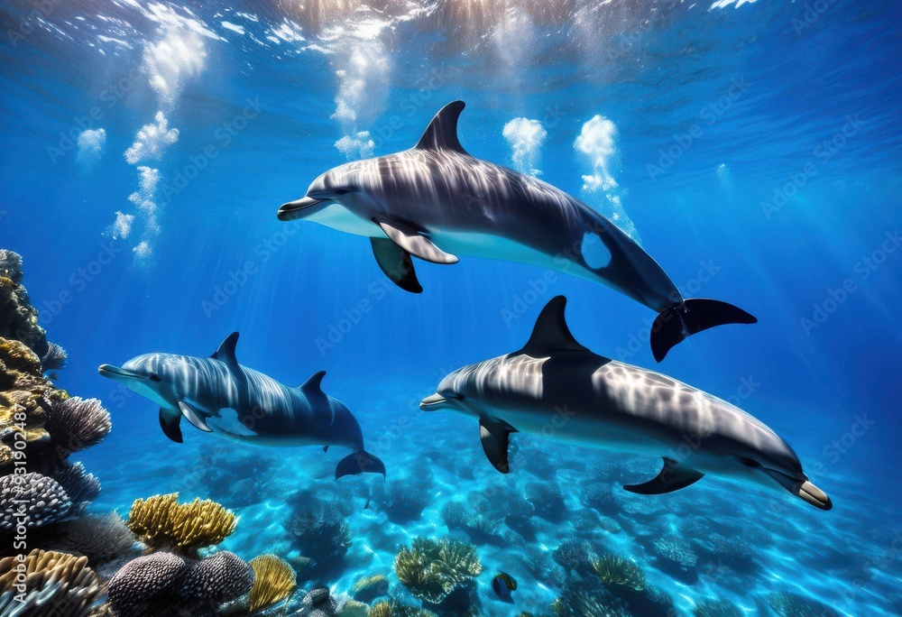 Obraz premium dynamic captivating underwater shots dolphins vibrant blue seas showcasing natural beauty playful movement, ocean, marine, wildlife, swimming, aquatic, nature