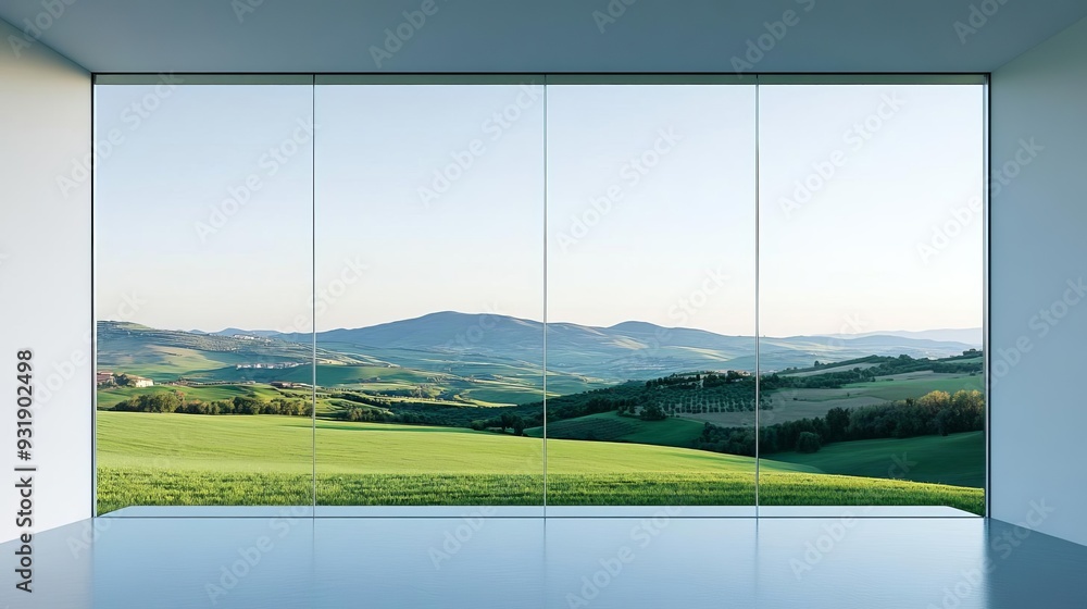 Naklejka premium Clear glass windows with a view of rolling hills, clear glass windows, serene countryside setting