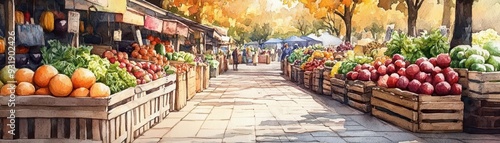 A bustling farmers market showcases vibrant fruits and vegetables amidst a colorful autumn backdrop.