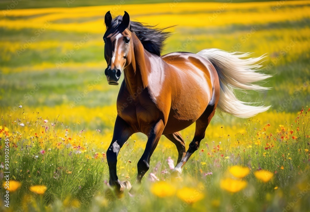 Obraz premium breathtaking horse galloping through vibrant flower meadows under clear blue sky, animal, nature, landscape, grass, beauty, spring, color, freedom, motion