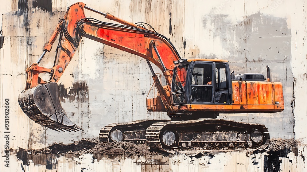 Orange Excavator on a Construction Site with a Grunge Background Orange Excavator on a Construction Site with a Grunge Background