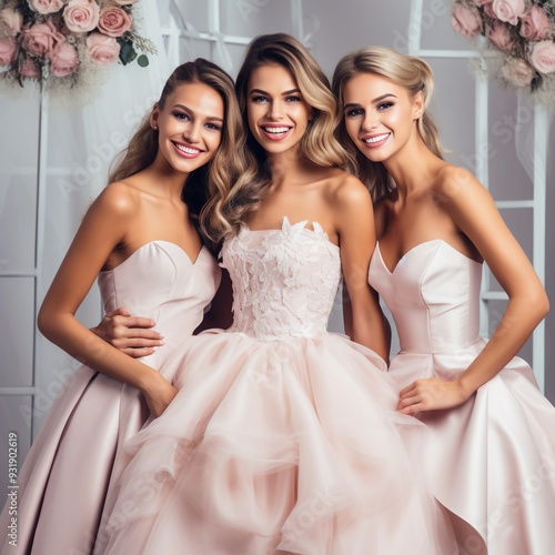 Three happy beautiful brides together. Party time