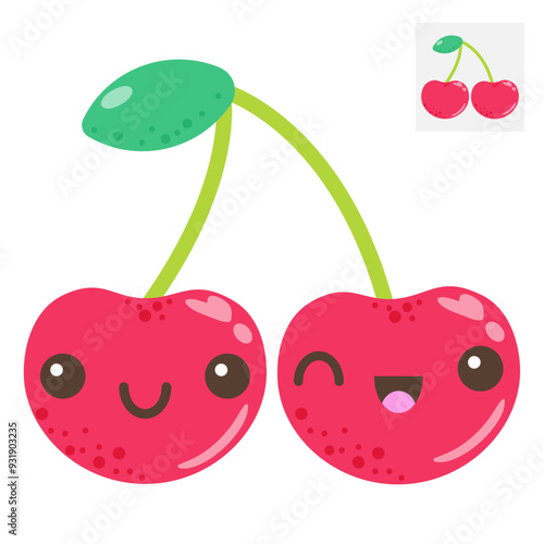 Cherry with kawaii eyes. Flat vector illustration of a cute cherry on a white background.