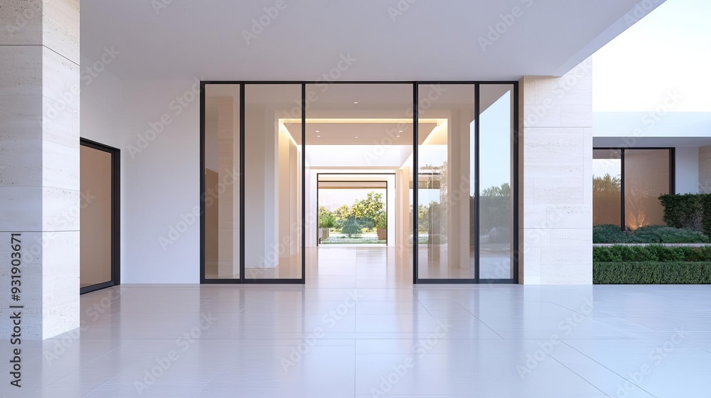 Obraz premium Clear glass windows in a modern entryway, clear glass windows, welcoming guests with light and openness