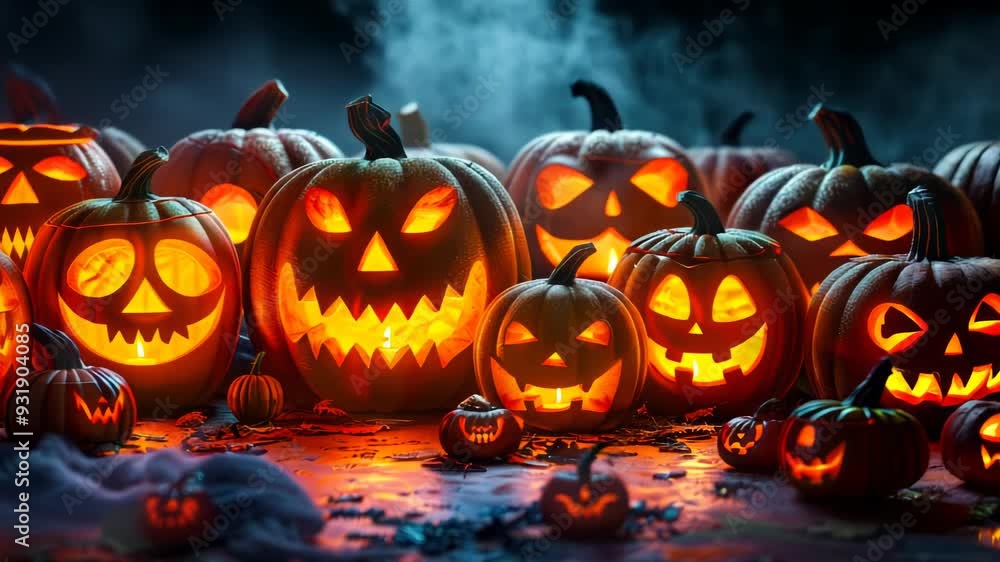 Spooky Halloween Night with Evil-Faced Illuminated Pumpkins in Darkness - Atmospheric Nighttime Scene with Glowing Jack-O'-Lanterns, Eerie Fog, and Seasonal Festival Decorations Spooky Halloween Night with Evil-Faced Illuminated Pumpkins in Darkness - Atmospheric Nighttime Scene with Glowing Jack-O'-Lanterns, Eerie Fog, and Seasonal Festival Decorations