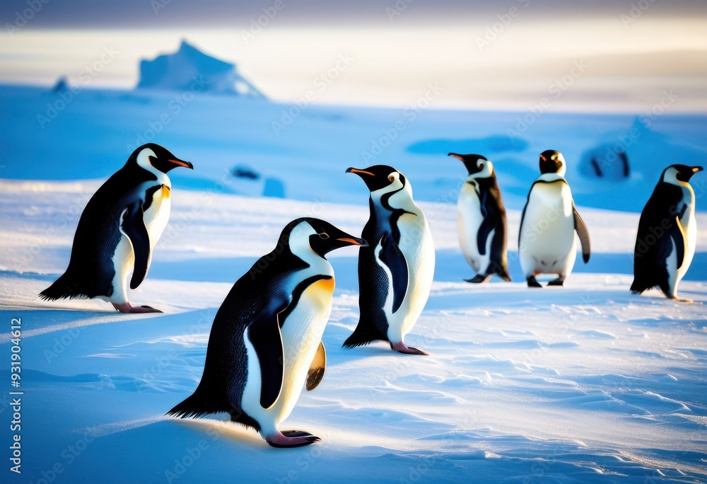 Obraz premium playful penguins sliding over vast icy landscape surrounded sparkling snow glimmering ice formations, frozen, arctic, white, cold, creature, animal, winter