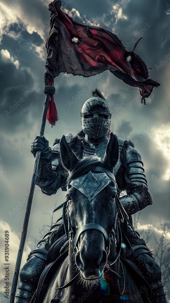 Fototapeta premium An armored warrior rides a horse, holding a flag, with dark clouds looming overhead