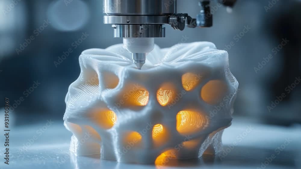 Close-up of the first layers of a 3D print being formed, symbolizing ...