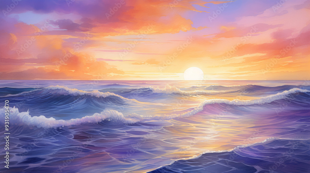 Fototapeta premium Serene Sunset Over Tranquil Ocean Waves Reflecting the Warmth of the Setting Sun