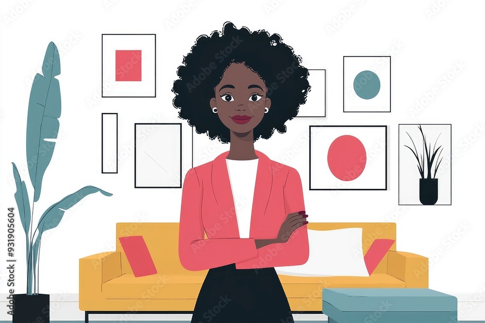 Confident Black Woman with Arms Crossed in Modern Living Room Confident Black Woman with Arms Crossed in Modern Living Room