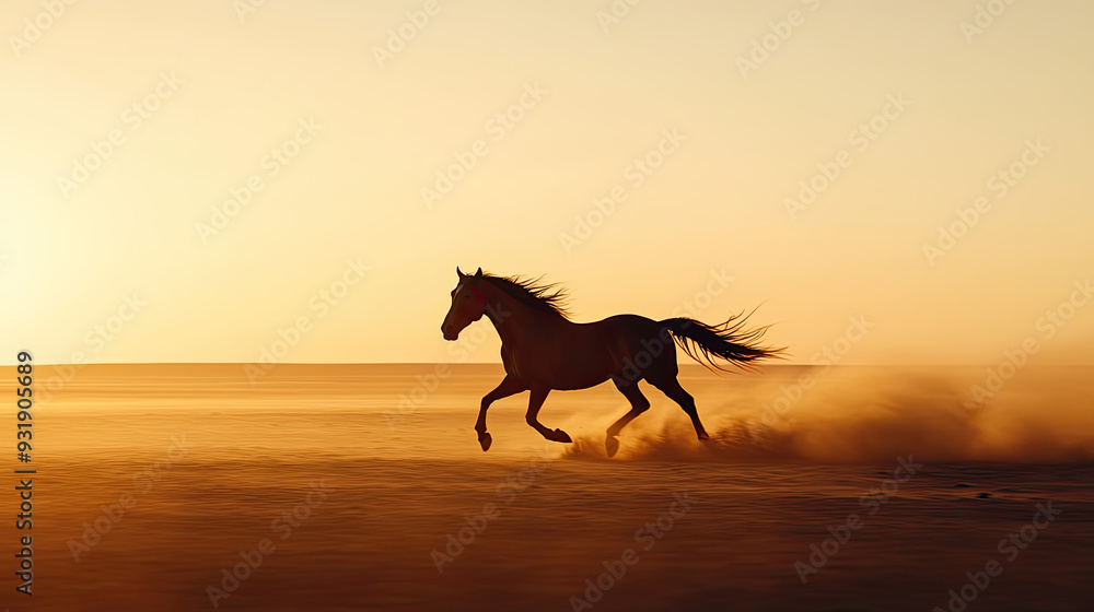 A majestic horse galloping across a golden landscape at sunset, creating a beautiful silhouette against the vibrant sky. A majestic horse galloping across a golden landscape at sunset, creating a beautiful silhouette against the vibrant sky.