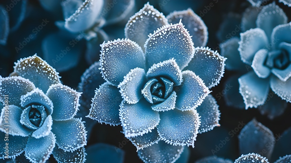 Frost-Covered Succulent Leaves with Intricate Ice Crystal Textures Frost-Covered Succulent Leaves with Intricate Ice Crystal Textures