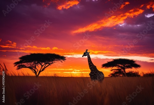 stunning giraffe silhouette set colorful sunset sky warm hues radiant colors, vibrant, beautiful, animals, nature, landscape, orange, yellow, red, purple