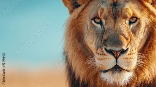 Close-up portrait of a majestic lion with striking eyes and a flowing mane against a vibrant blue background.