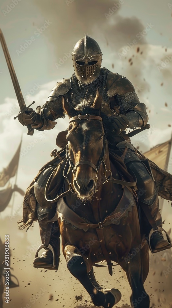 A warrior in ornate armor rides a gallant horse, wielding a sword as dust swirls around them in battle A warrior in ornate armor rides a gallant horse, wielding a sword as dust swirls around them in battle