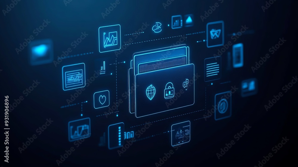 Digital interface showcasing various technology icons, illustrating data management, security, and analytics in a modern design. Digital interface showcasing various technology icons, illustrating data management, security, and analytics in a modern design.