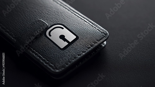 Close-up of a sleek black wallet featuring a prominent lock symbol, representing security and sophistication in personal accessories.