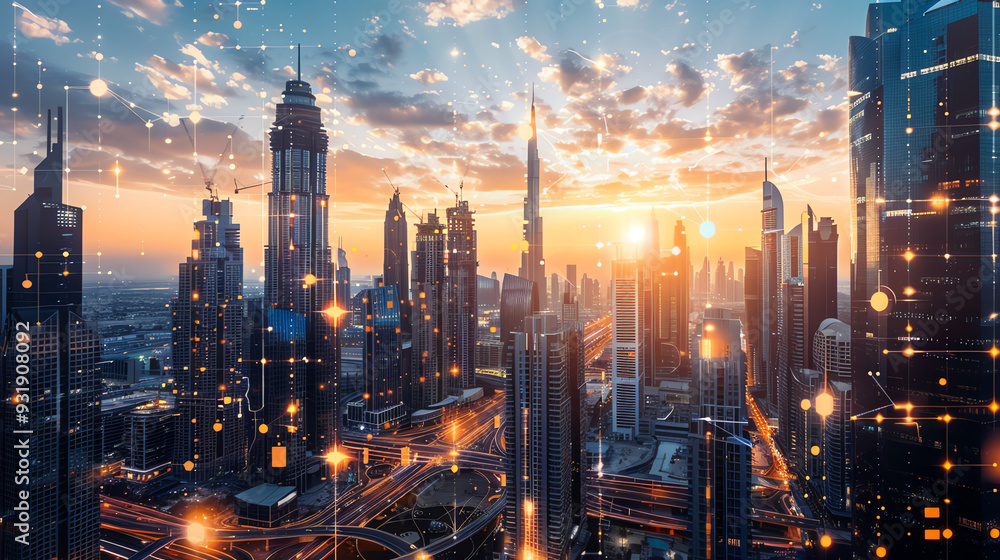 Fototapeta premium A person standing in front of a city skyline with construction cranes