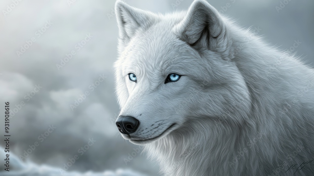 Obraz premium A digital painting of a white wolf with piercing blue eyes, highlighting the powerful gaze of this beautiful animal.
