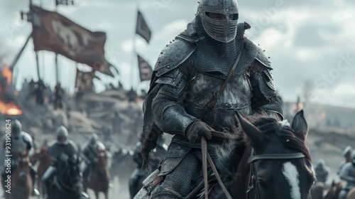 A powerful armored warrior on horseback rides through a chaotic battlefield filled with soldiers and banners