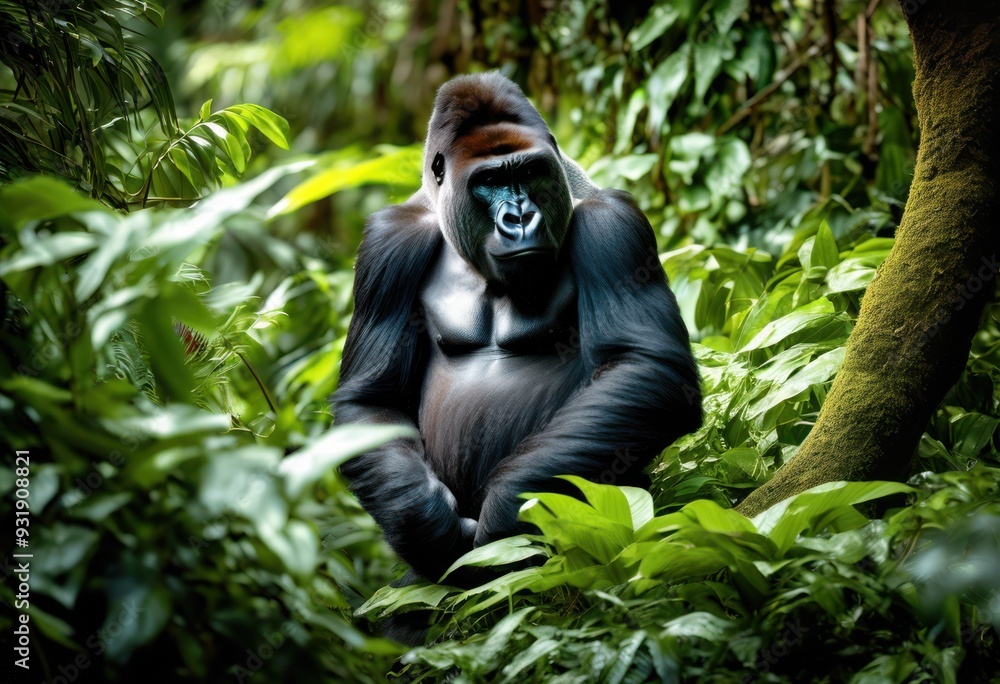 Obraz premium vibrant gorilla habitat featuring natural behaviors lush greenery dynamic wildlife scene, human, jungle, nature, animal, tropical, forest, foliage, fauna