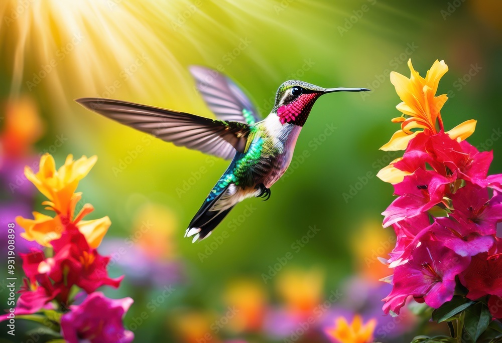 Fototapeta premium vibrant hummingbirds darting among colorful blooms lush garden setting, flower, petal, nature, wing, nectar, beak, feather, beauty, botanical, orchid