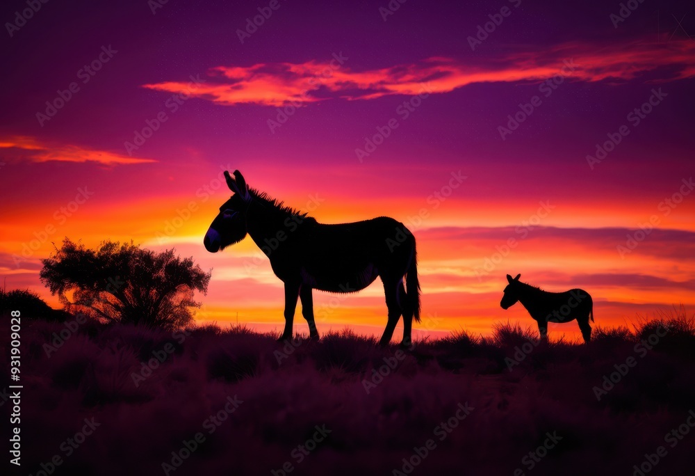 bold donkey outlines silhouetted vibrant sunset backdrop rich hues striking contrasts, orange, pink, horizon, sky, landscape, backlighting, nature, scene bold donkey outlines silhouetted vibrant sunset backdrop rich hues striking contrasts, orange, pink, horizon, sky, landscape, backlighting, nature, scene