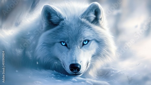 A majestic white wolf with intense blue eyes, depicted in a beautiful digital painting of wildlife.