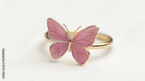 Elegant Gold Ring with Minimalist Pink Butterfly Design