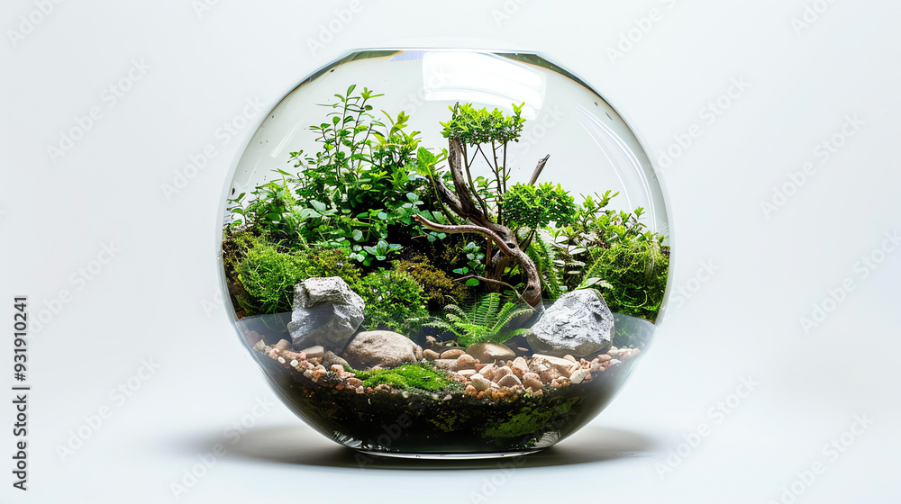 A round glass container with plants, rocks, and moss inside. A round glass container with plants, rocks, and moss inside.