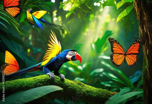 Fototapeta Naklejka Na Ścianę i Meble -  vibrant jungle habitat showcasing rich array animal forms amidst lush greenery tropical flora, animals, wildlife, rainforest, fauna, diversity, ecosystem