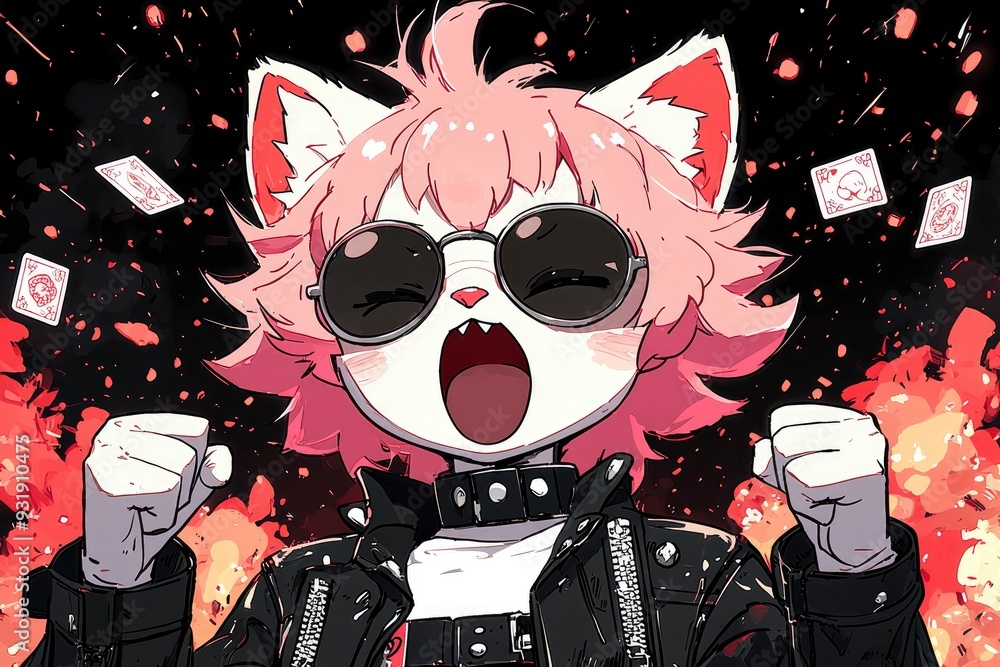 Cheerful Cat Girl in a Leather Jacket with Sunglasses Cheerful Cat Girl in a Leather Jacket with Sunglasses