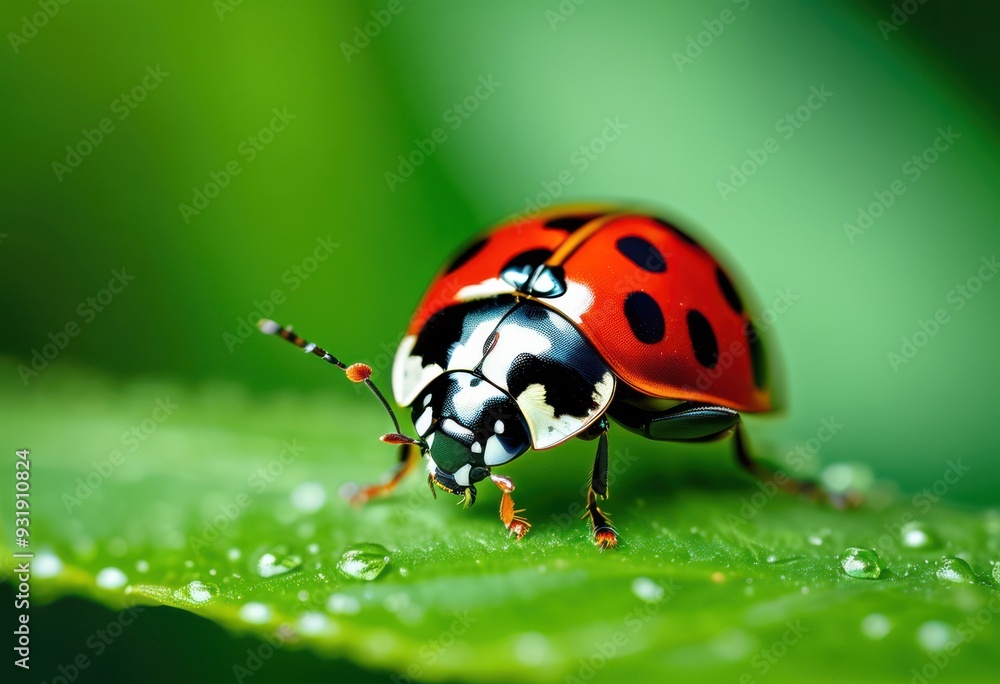 close colorful ladybug resting lush green leaves showcasing its bright red shell distinctive black spots, insects, nature, greenery, macro, wildlife, garden close colorful ladybug resting lush green leaves showcasing its bright red shell distinctive black spots, insects, nature, greenery, macro, wildlife, garden