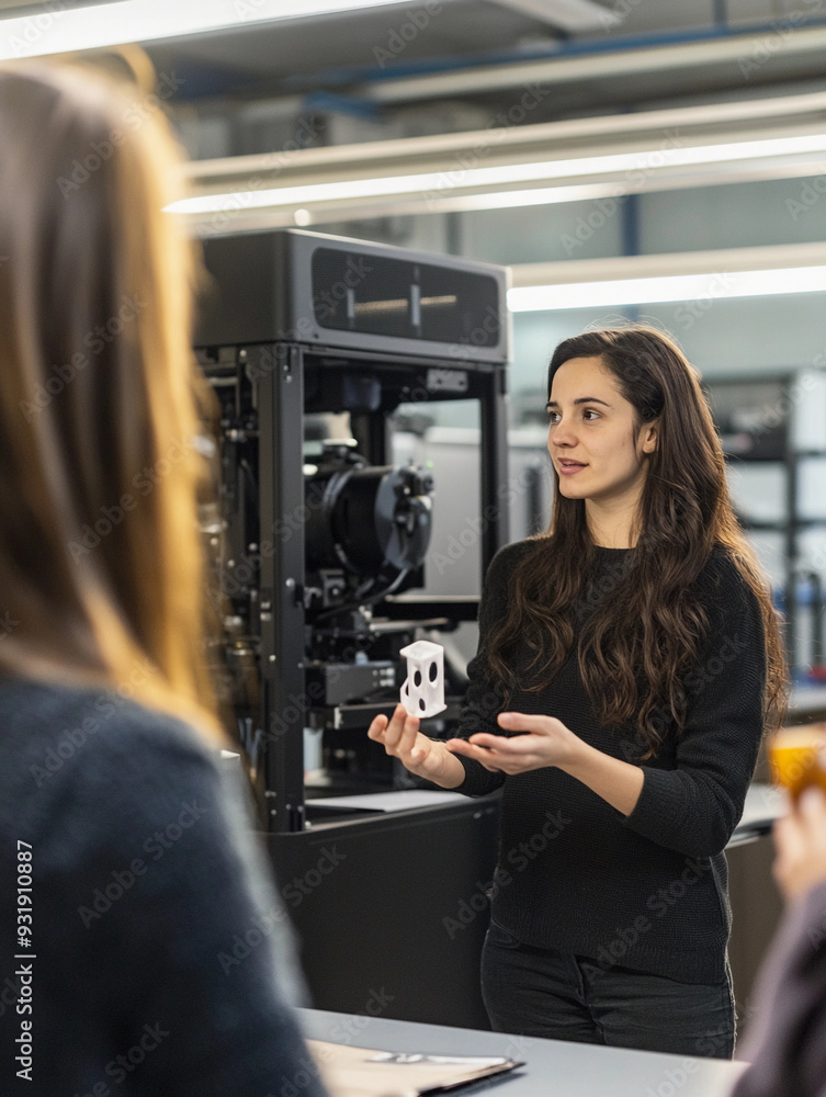Female engineer instructing a group of students on 3D printing technology, large 3D printer in the background
Female engineer instructing a group of students on 3D printing technology, large 3D printer in the background