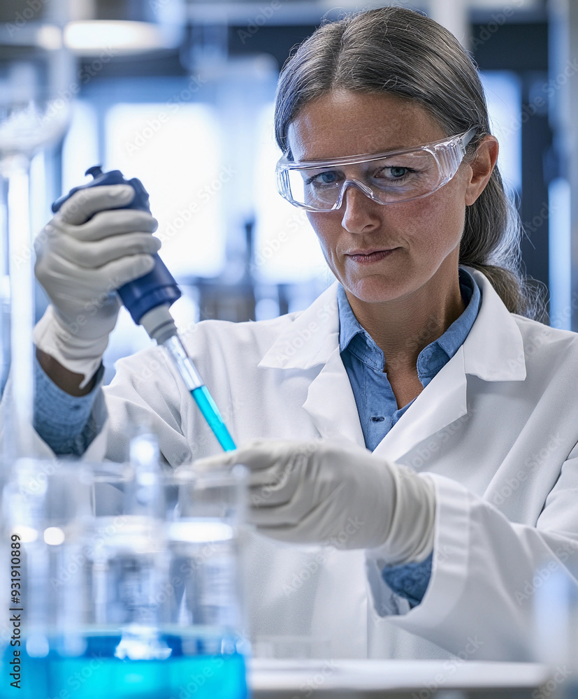 Female scientist conducting a chemistry experiment in a high-tech lab Female scientist conducting a chemistry experiment in a high-tech lab