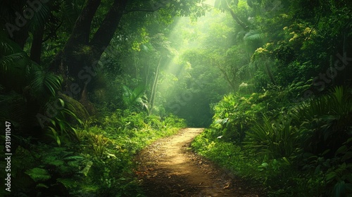 A secluded dirt path through dense jungle, capturing the untouched beauty and mystery of the wild.