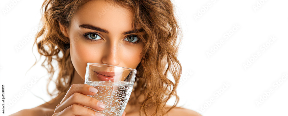 Young beautiful woman drinking pure water on white background banner. Copy space. Follow healthy lifestyle. Close-up photo of a caucasian enjoys drinking a glass of clean water, the daily norm Young beautiful woman drinking pure water on white background banner. Copy space. Follow healthy lifestyle. Close-up photo of a caucasian enjoys drinking a glass of clean water, the daily norm