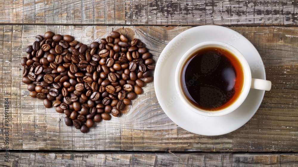 A warm cup of coffee surrounded by coffee beans arranged in a heart shape on rustic wooden surface A warm cup of coffee surrounded by coffee beans arranged in a heart shape on rustic wooden surface