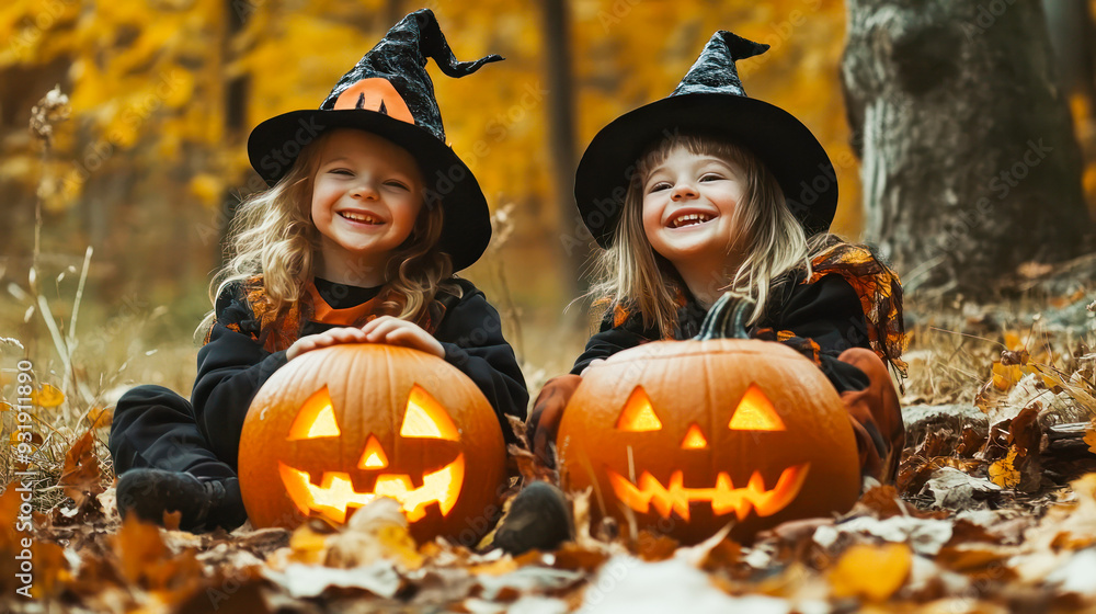 Fototapeta premium Children celebrating Hallowing in carnival costumes, candies, candles, jack o lantern, pumpkins, autumn, treats and sweets, children having fun outdoors. trick or treat. Happy Halloween!