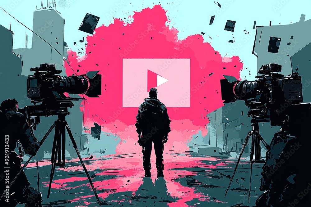 Fototapeta premium Content Creator Silhouette With Cameras and Play Button