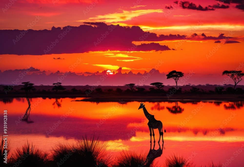 striking giraffe silhouette set vibrant sunset displaying rich hues purple stunning nature scene, orange, pink, sky, outline, animal, landscape, colors striking giraffe silhouette set vibrant sunset displaying rich hues purple stunning nature scene, orange, pink, sky, outline, animal, landscape, colors